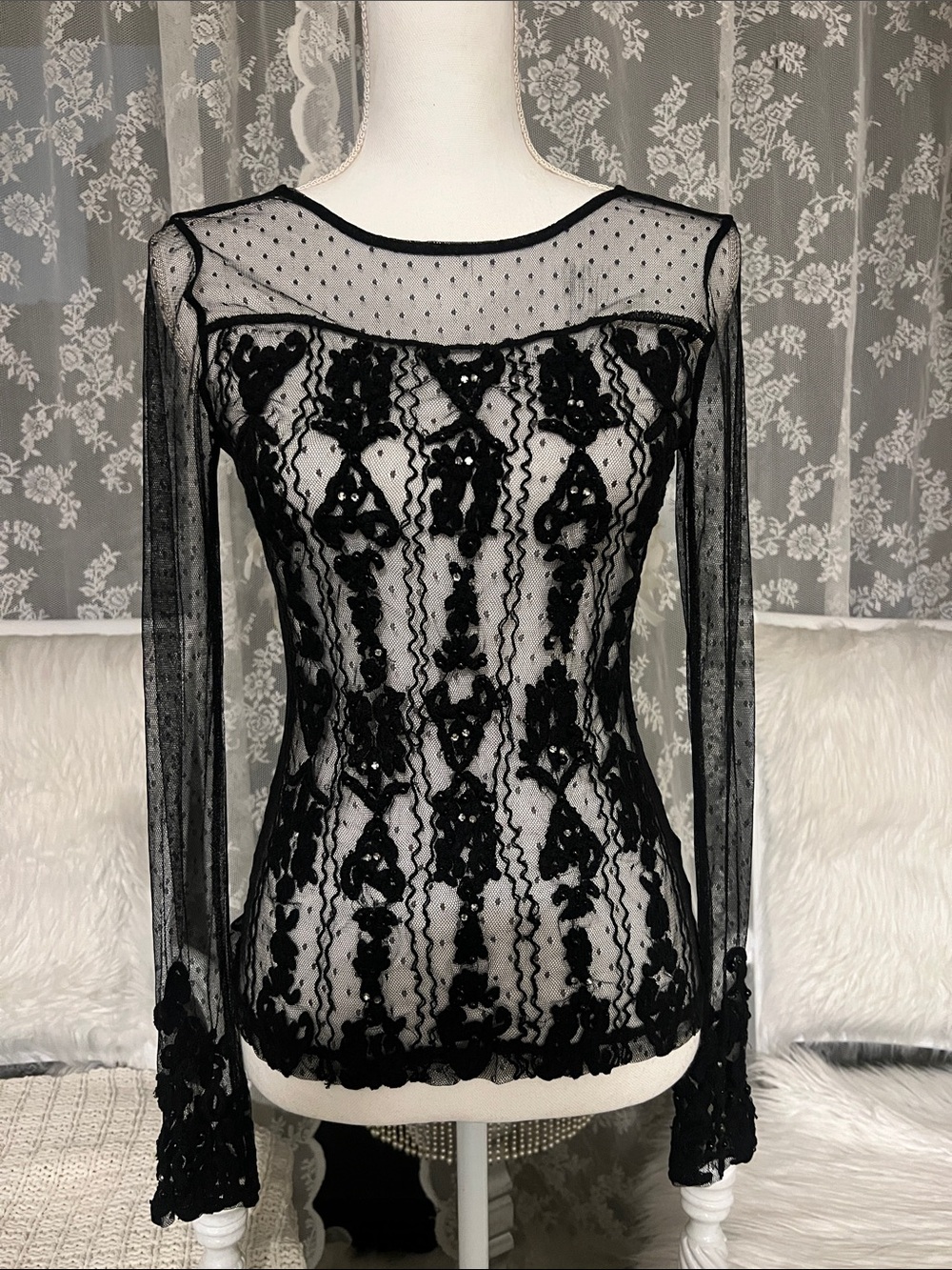 Guess Black Sheer Lace Long-Sleeve Top